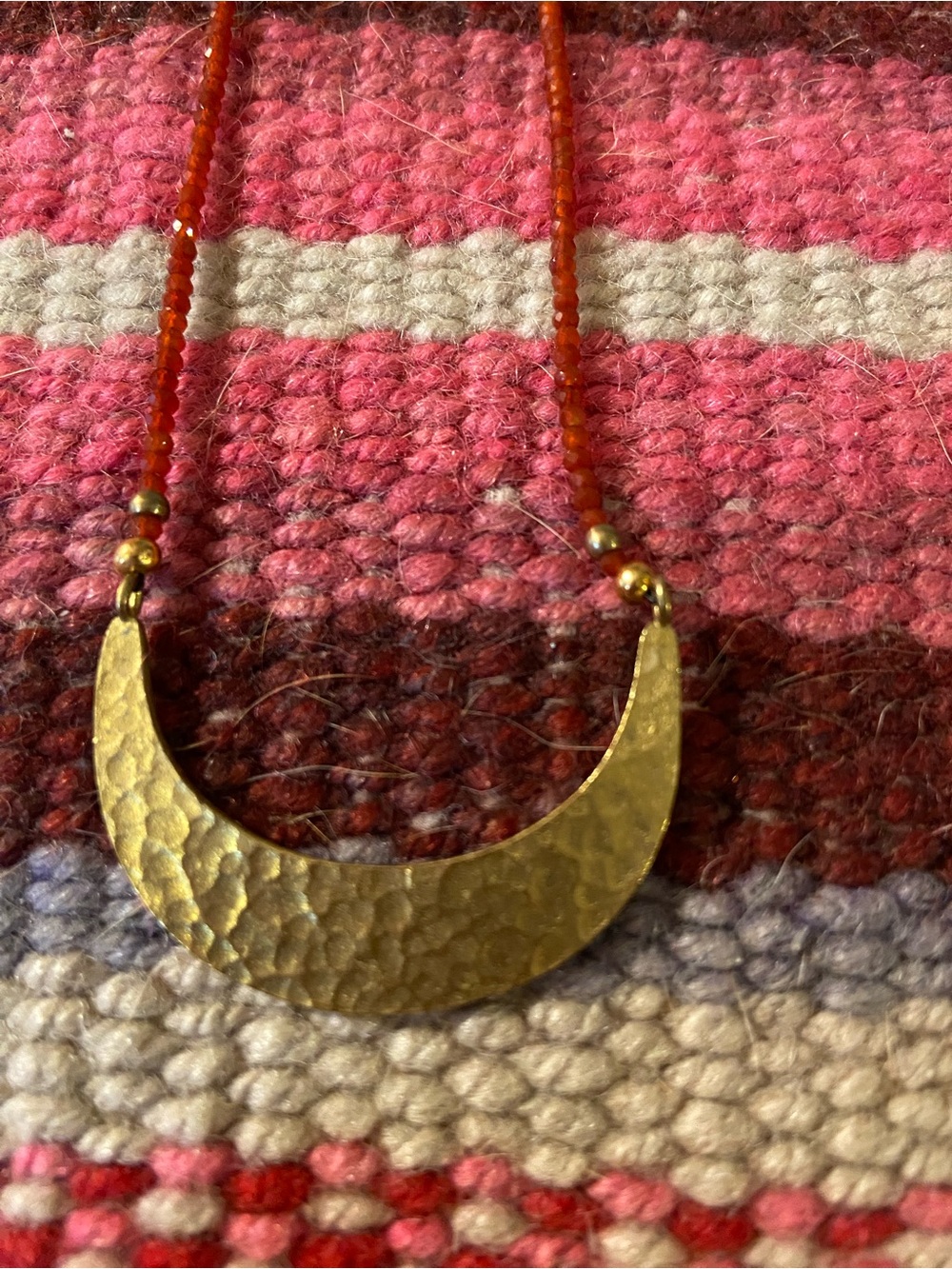 Gold Crescent Pendant Necklace with 2.5mm Carnelian Beaded Chain - Picture 2 of 8